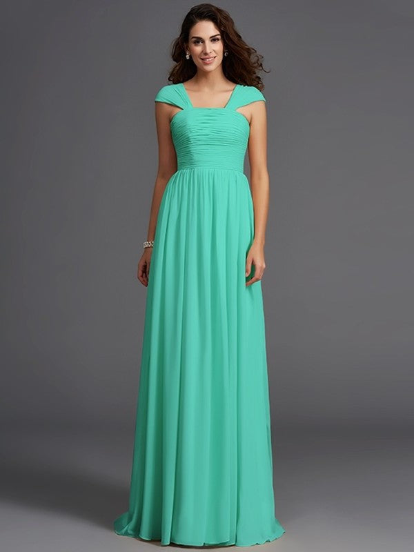 A-Line/Princess Straps Ruffles Sleeveless Long Chiffon Bridesmaid Dresses DEP0005470