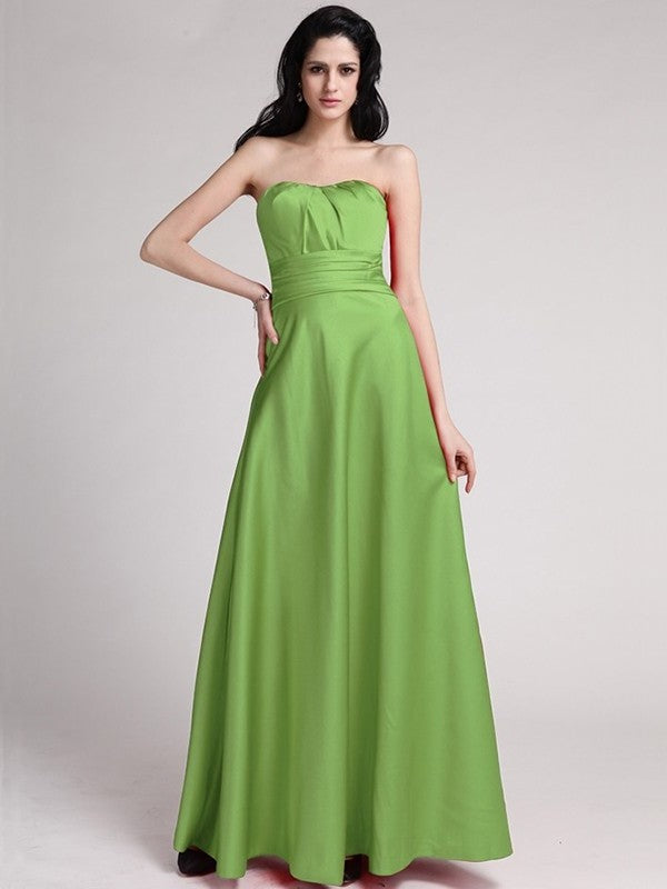 A-Line/Princess Strapless Sleeveless Pleats Long Elastic Woven Satin Bridesmaid Dresses DEP0005835