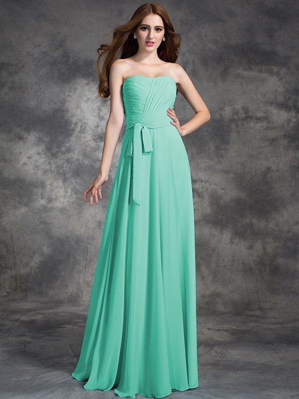 A-line/Princess Strapless Ruched Sleeveless Long Chiffon Bridesmaid Dresses DEP0005797