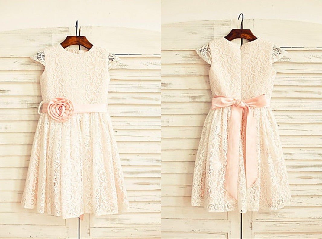 A-line/Princess Scoop Hand-made Flower Short Sleeves Tea-Length Lace Flower Girl Dresses DEP0007819