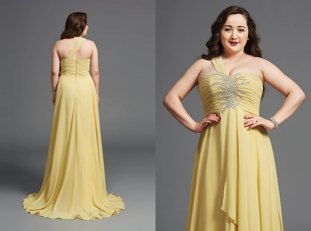 A-Line/Princess One-Shoulder Rhinestone Sleeveless Long Chiffon Plus Size Dresses DEP0003729