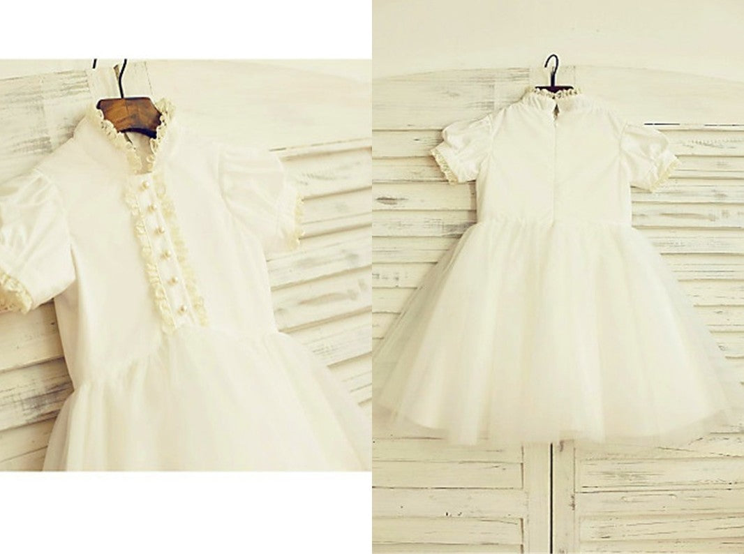 A-line/Princess High Neck Short Sleeves Lace Tea-Length Tulle Flower Girl Dresses DEP0007902