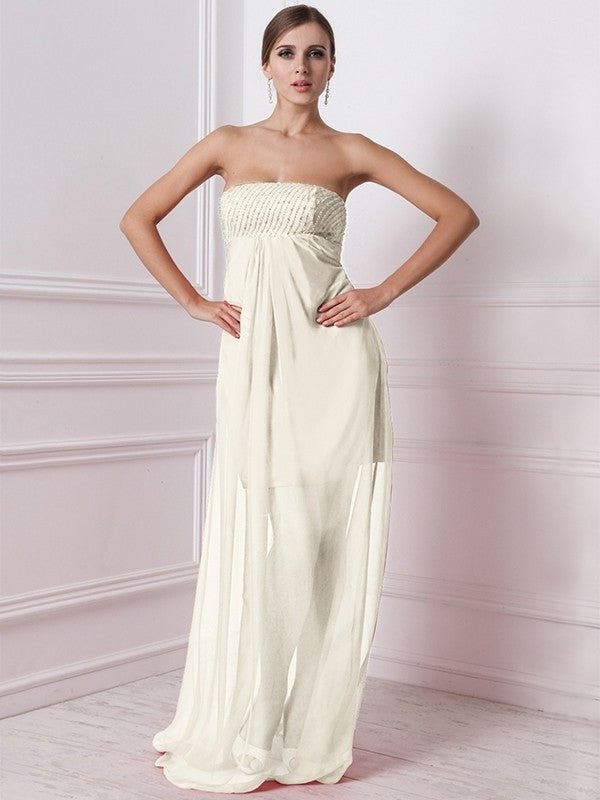 A-Line/Princess Strapless Sleeveless Beading Long Chiffon Bridesmaid Dresses DEP0005577