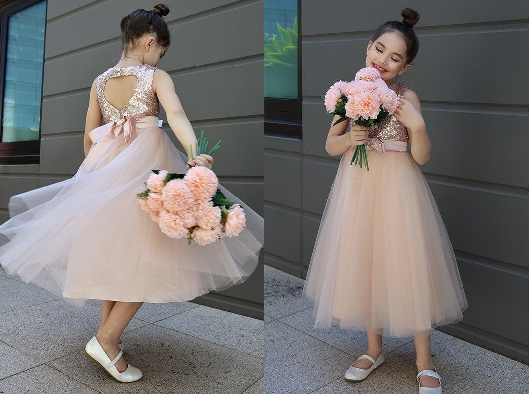 A-Line/Princess Tulle Bowknot Scoop Sleeveless Tea-Length Flower Girl Dresses DEP0007463