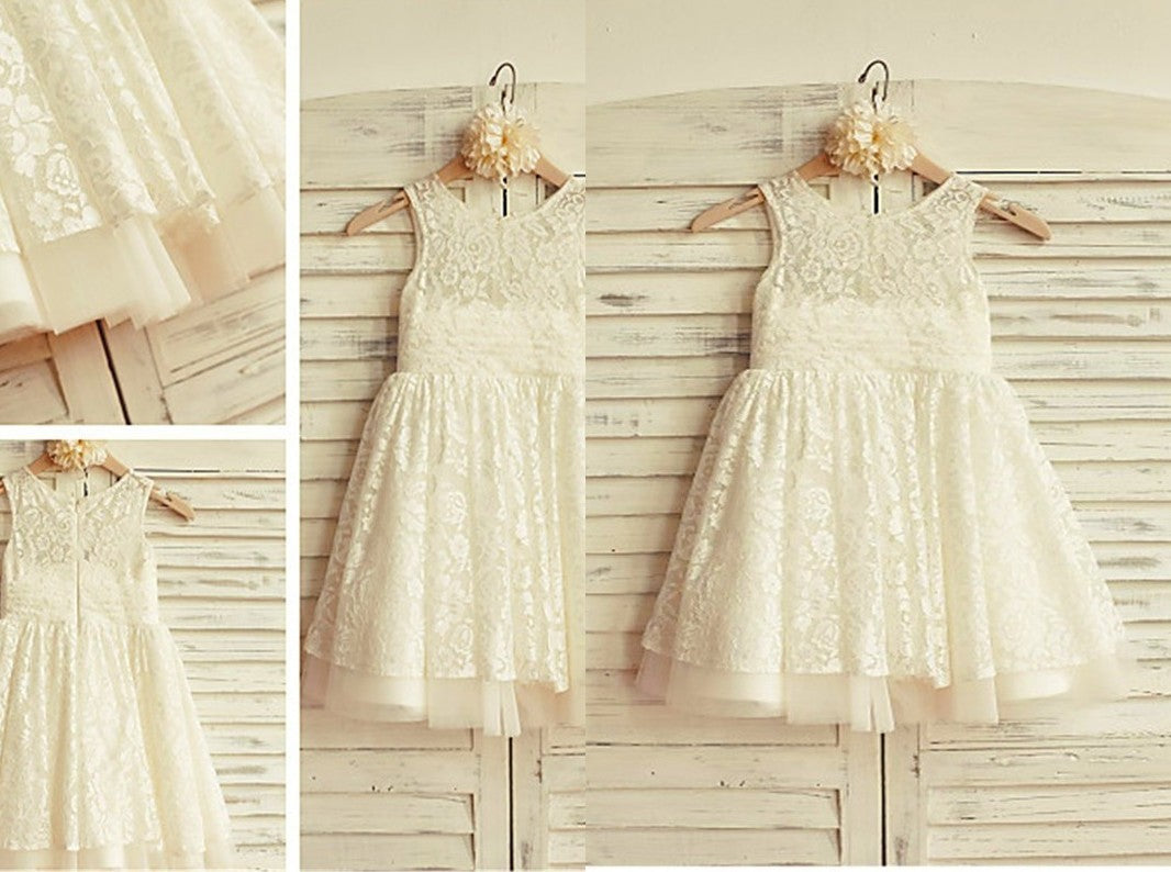 A-line/Princess Scoop Sleeveless Ruffles Tea-Length Lace Flower Girl Dresses DEP0007616