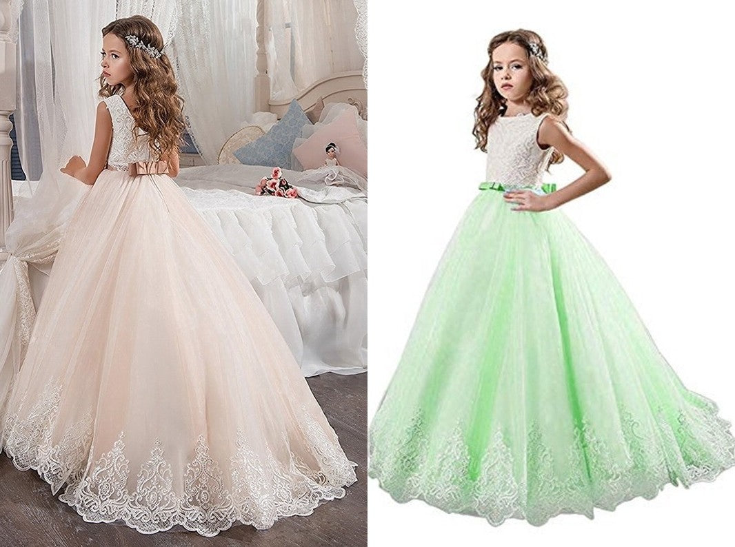 Ball Gown Jewel Sleeveless Lace Sweep/Brush Train Tulle Flower Girl Dresses DEP0007536