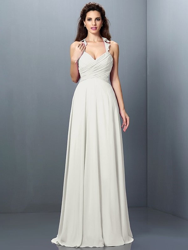 A-Line/Princess Halter Pleats Sleeveless Long Chiffon Bridesmaid Dresses DEP0005390