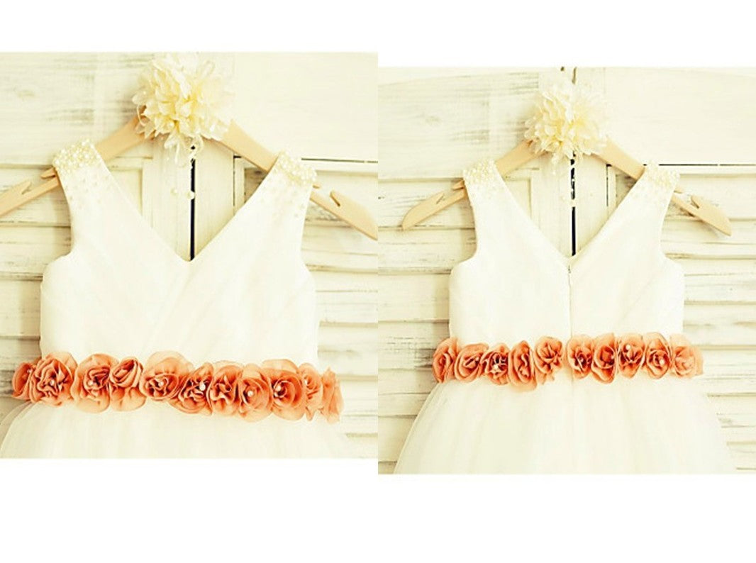 A-line/Princess V-neck Sleeveless Hand-made Flower Tea-Length Tulle Flower Girl Dresses DEP0007821