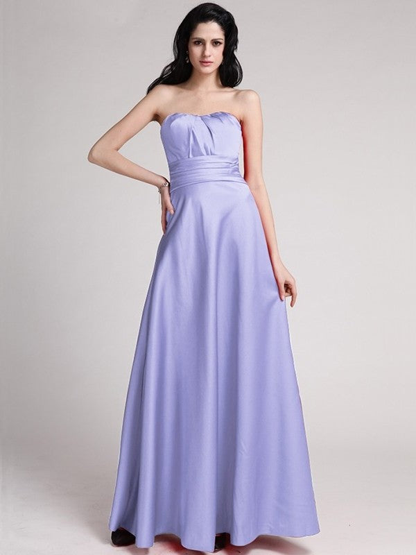 A-Line/Princess Strapless Sleeveless Pleats Long Elastic Woven Satin Bridesmaid Dresses DEP0005835