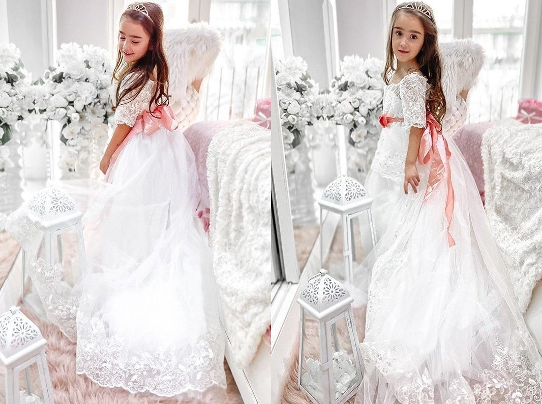 A-Line/Princess Tulle Sash/Ribbon/Belt Off-the-Shoulder 1/2 Sleeves Sweep/Brush Train Flower Girl Dresses DEP0007481