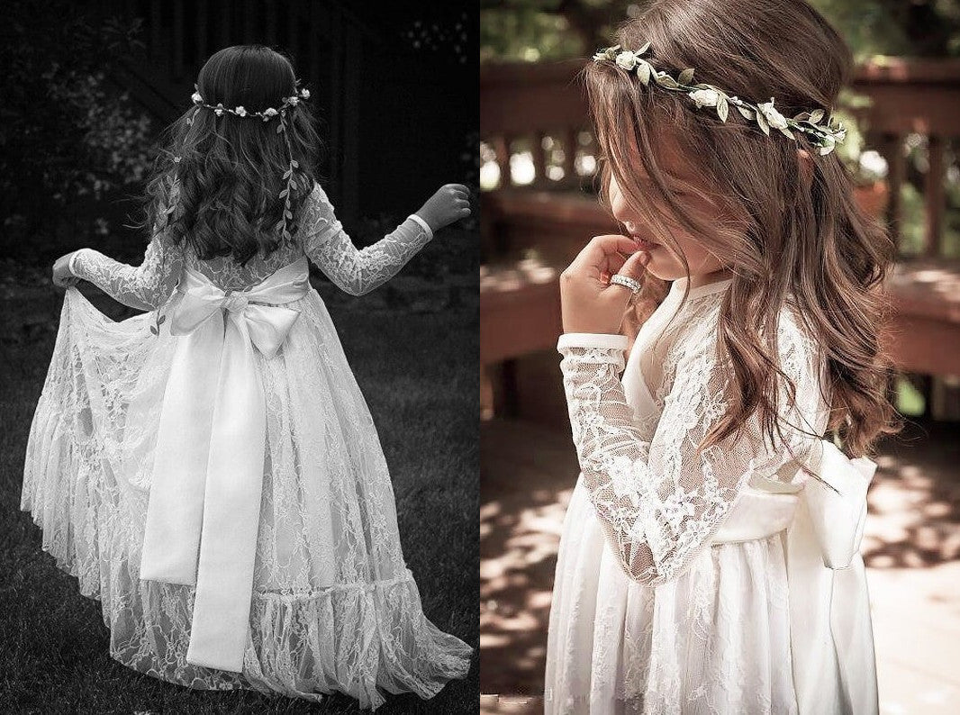 A-Line/Princess Long Sleeves Jewel Bowknot Lace Floor-Length Flower Girl Dresses DEP0007631