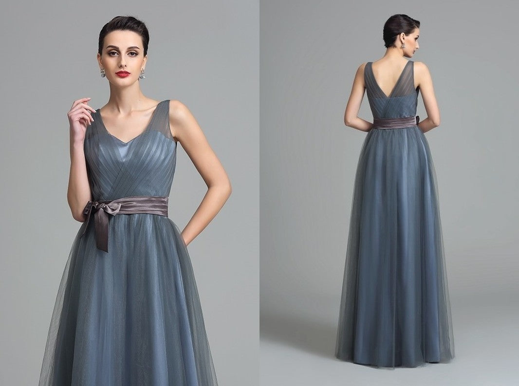 A-Line/Princess Straps Sash/Ribbon/Belt Sleeveless Long Net Bridesmaid Dresses DEP0005595