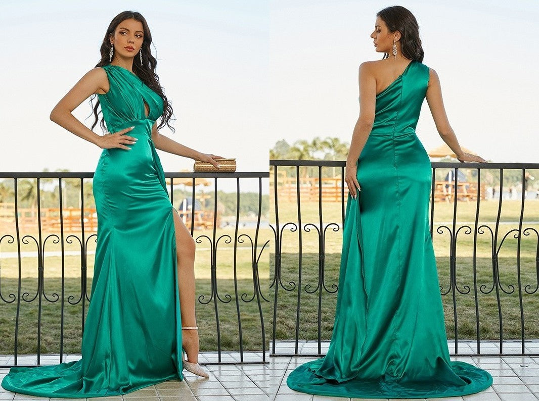 Sheath/Column Silk like Satin Ruched One-Shoulder Sleeveless Sweep/Brush Train Dresses DEP0001433