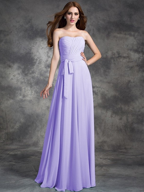 A-line/Princess Strapless Ruched Sleeveless Long Chiffon Bridesmaid Dresses DEP0005797