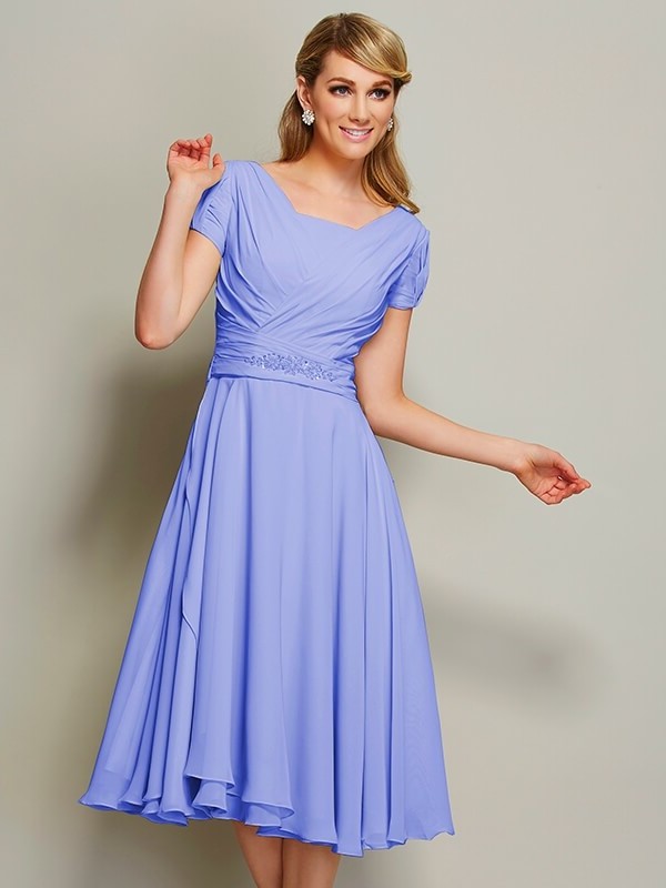 Sheath/Column Bateau Short Sleeves Ruffles Short Chiffon Bridesmaid Dresses DEP0005029