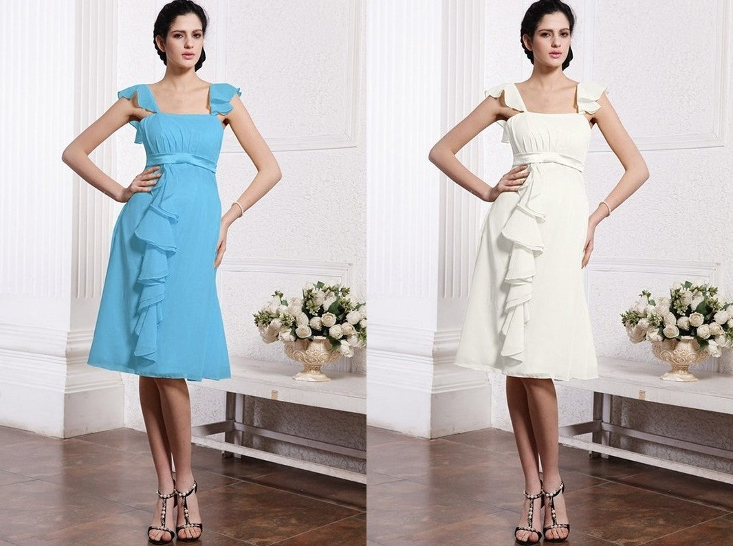 A-Line/Princess Straps Sleeveless Ruffles Ruched Short Chiffon Bridesmaid Dresses DEP0005834