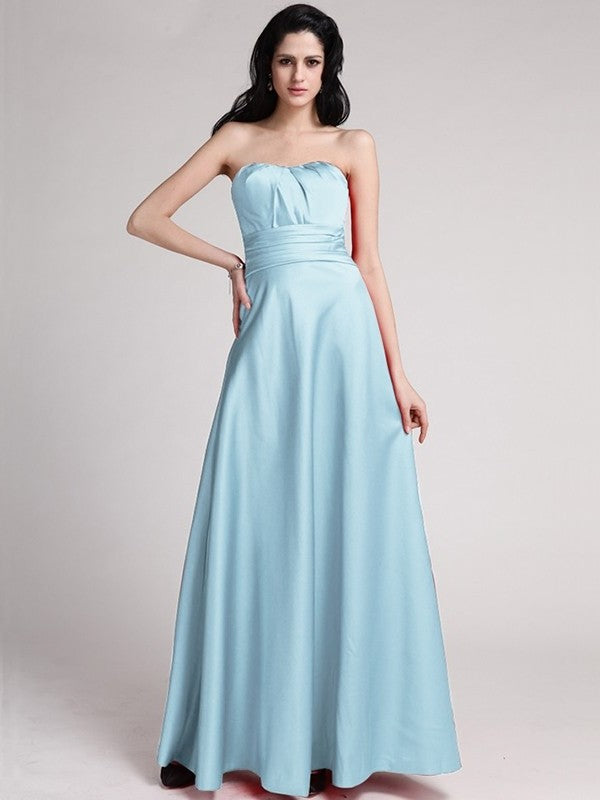 A-Line/Princess Strapless Sleeveless Pleats Long Elastic Woven Satin Bridesmaid Dresses DEP0005835