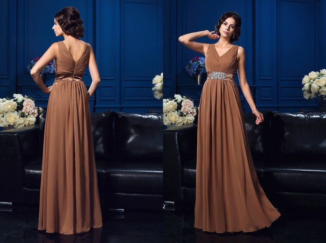 A-Line/Princess V-neck Pleats Sleeveless Long Chiffon Mother of the Bride Dresses DEP0007310