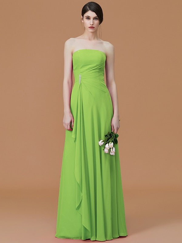 A-Line/Princess Strapless Sleeveless Floor-Length Ruffles Chiffon Bridesmaid Dresses DEP0005756