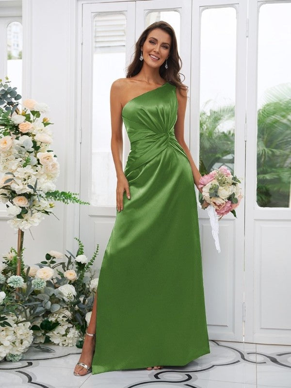 Sheath/Column Elastic Woven Satin Ruched One-Shoulder Sleeveless Floor-Length Bridesmaid Dresses DEP0004908