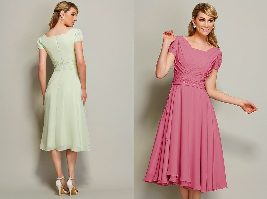 Sheath/Column Bateau Short Sleeves Ruffles Short Chiffon Bridesmaid Dresses DEP0005029