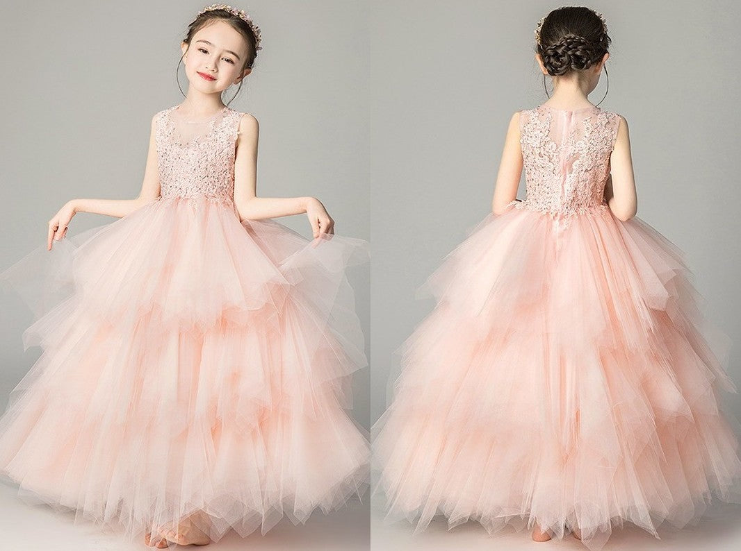 A-Line/Princess Tulle Applique Scoop Sleeveless Floor-Length Flower Girl Dresses DEP0007507