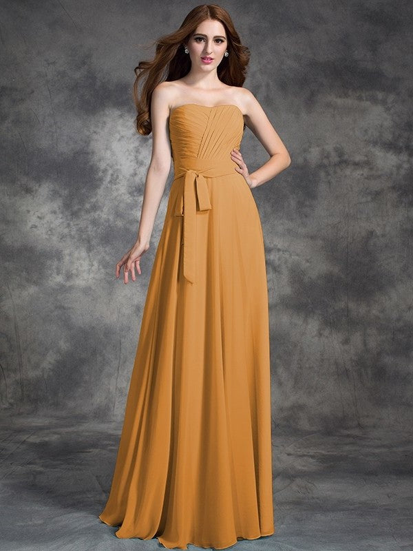 A-line/Princess Strapless Ruched Sleeveless Long Chiffon Bridesmaid Dresses DEP0005797