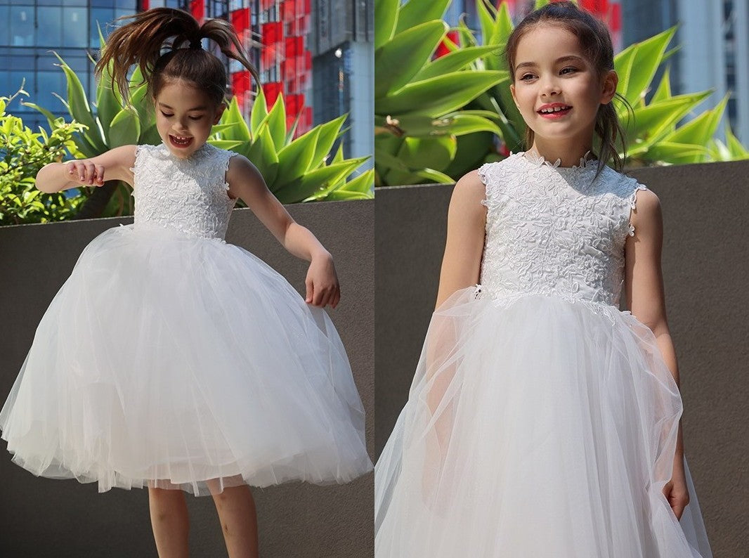 A-Line/Princess Tulle Lace High Neck Sleeveless Knee-Length Flower Girl Dresses DEP0007488