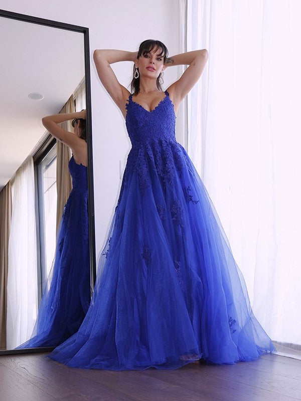 A-Line/Princess Tulle V-neck Sleeveless Applique Sweep/Brush Train Dresses DEP0001610