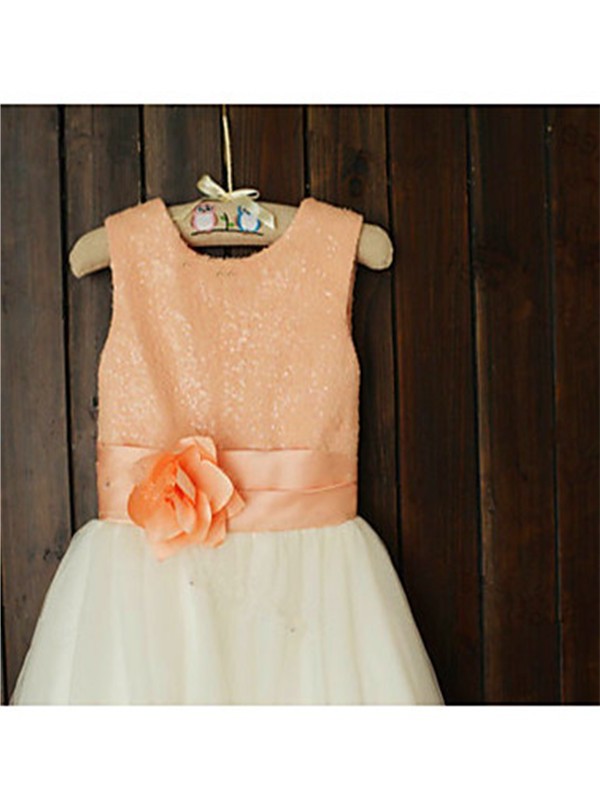 A-line/Princess Scoop Sleeveless Sequin Tea-Length Tulle Flower Girl Dresses DEP0007722