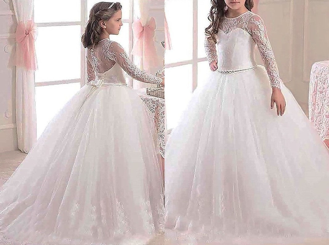 Ball Gown Scoop Long Sleeves Floor-Length Lace Tulle Flower Girl Dresses DEP0007642