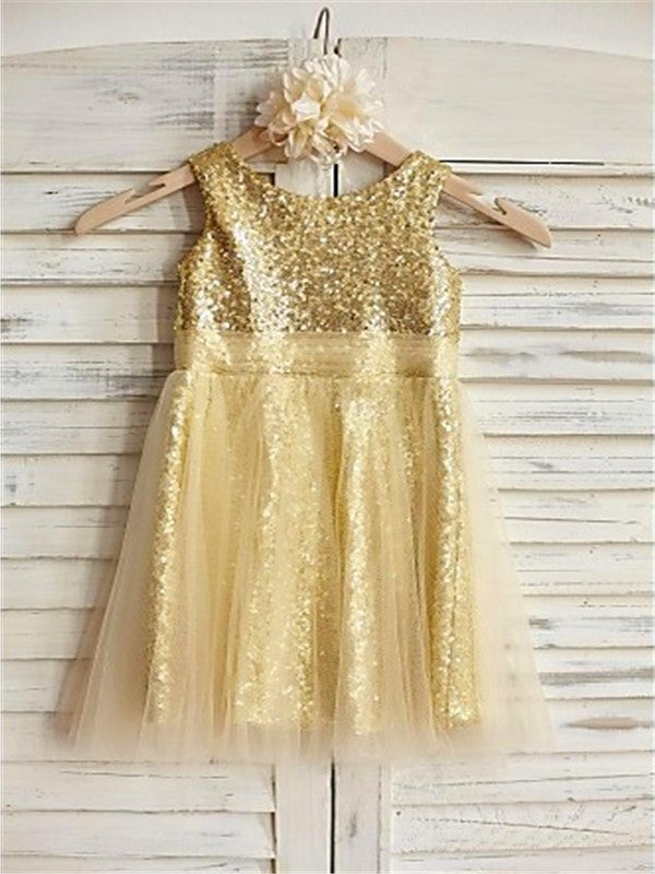 A-line/Princess Scoop Sleeveless Ruffles Tea-Length Sequins Flower Girl Dresses DEP0007837