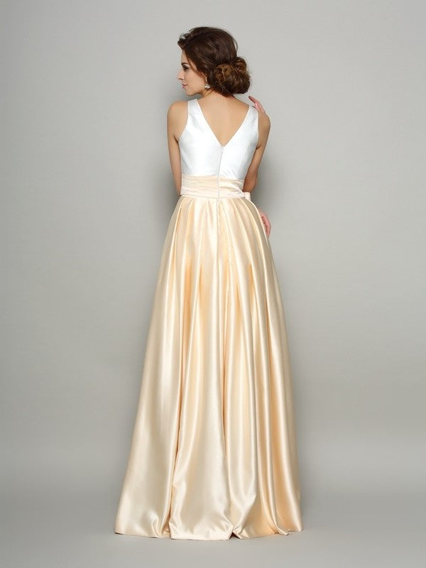 A-Line/Princess V-neck Bowknot Sleeveless Long Satin Mother of the Bride Dresses DEP0007287