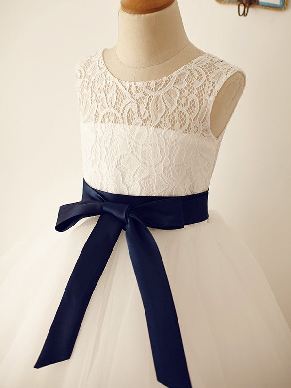 A-Line/Princess Tulle Sash/Ribbon/Belt Scoop Sleeveless Tea-Length Flower Girl Dresses DEP0007803