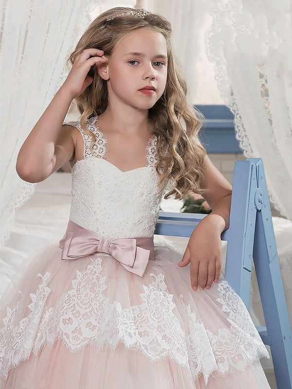 Ball Gown Sweetheart Sleeveless Bowknot Floor-Length Tulle Flower Girl Dresses DEP0007633