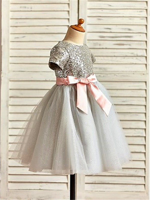 A-line/Princess Scoop Short Sleeves Sequin Tea-Length Tulle Flower Girl Dresses DEP0007726