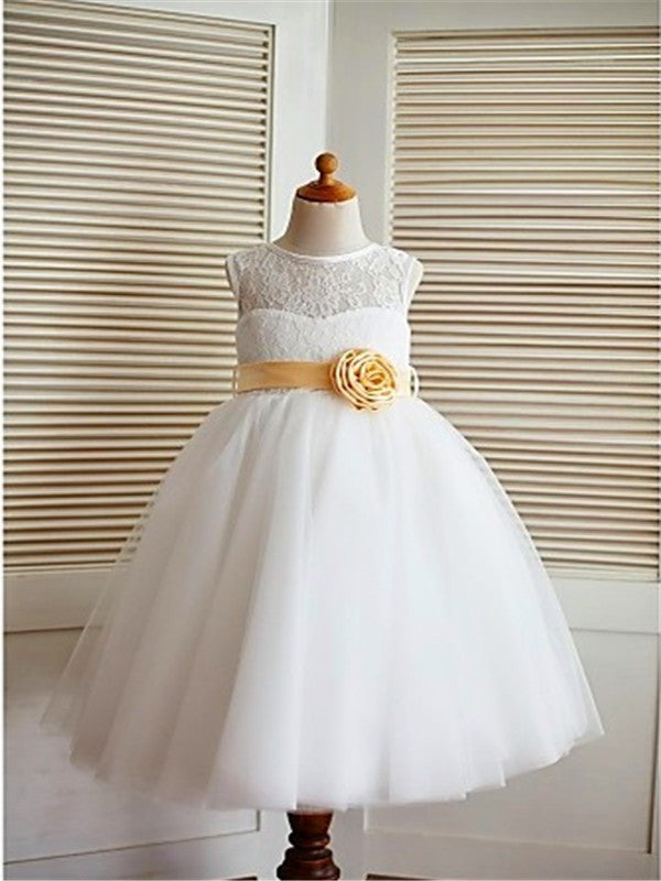 A-line/Princess Tea-Length Scoop Lace Sleeveless Tulle Flower Girl Dresses DEP0007665