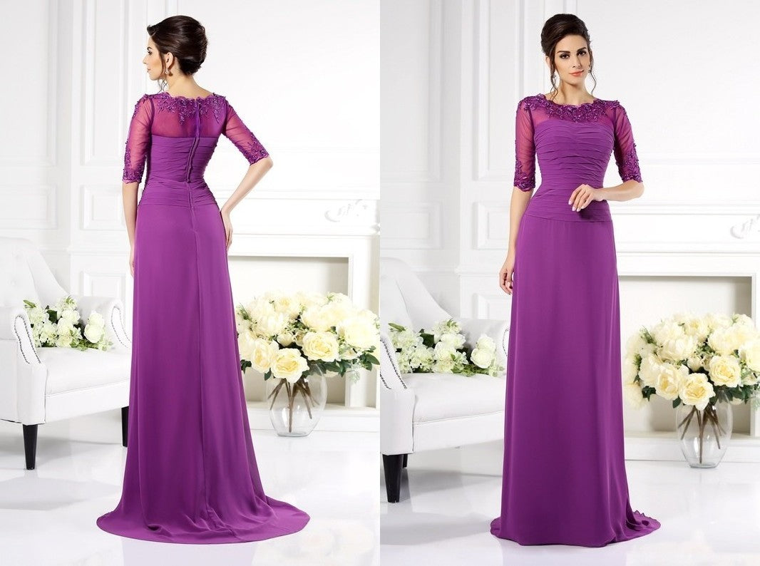 Sheath/Column Scoop Applique 1/2 Sleeves Long Chiffon Mother of the Bride Dresses DEP0007134