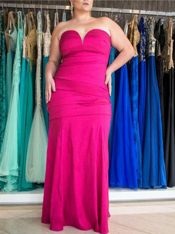 Trumpet/Mermaid Sweetheart Sleeveless Ruched Floor-Length Elastic Woven Satin Plus Size Dresses DEP0003681