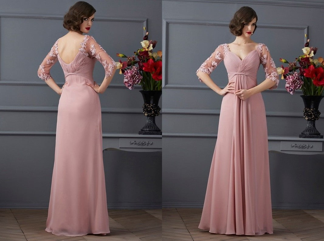 A-Line/Princess Sweetheart 1/2 Sleeves Beading Long Chiffon Dresses DEP0002556