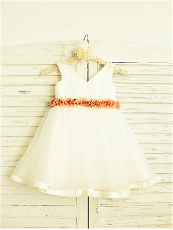 A-line/Princess V-neck Sleeveless Hand-made Flower Tea-Length Tulle Flower Girl Dresses DEP0007821