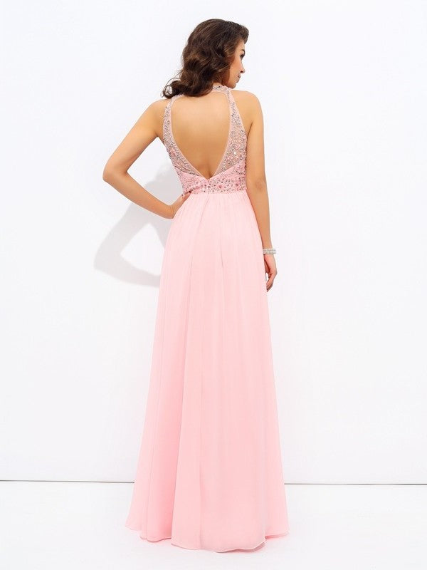 A-line/Princess Jewel Beading Sleeveless Long Chiffon Dresses DEP0002213