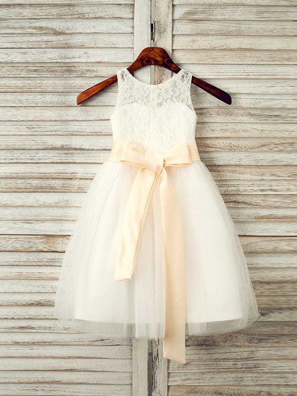 A-Line/Princess Tulle Sash/Ribbon/Belt Scoop Sleeveless Tea-Length Flower Girl Dresses DEP0007523