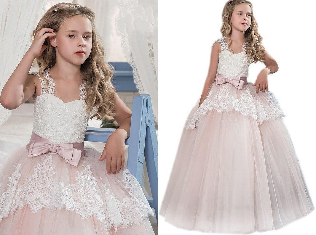 Ball Gown Sweetheart Sleeveless Bowknot Floor-Length Tulle Flower Girl Dresses DEP0007633