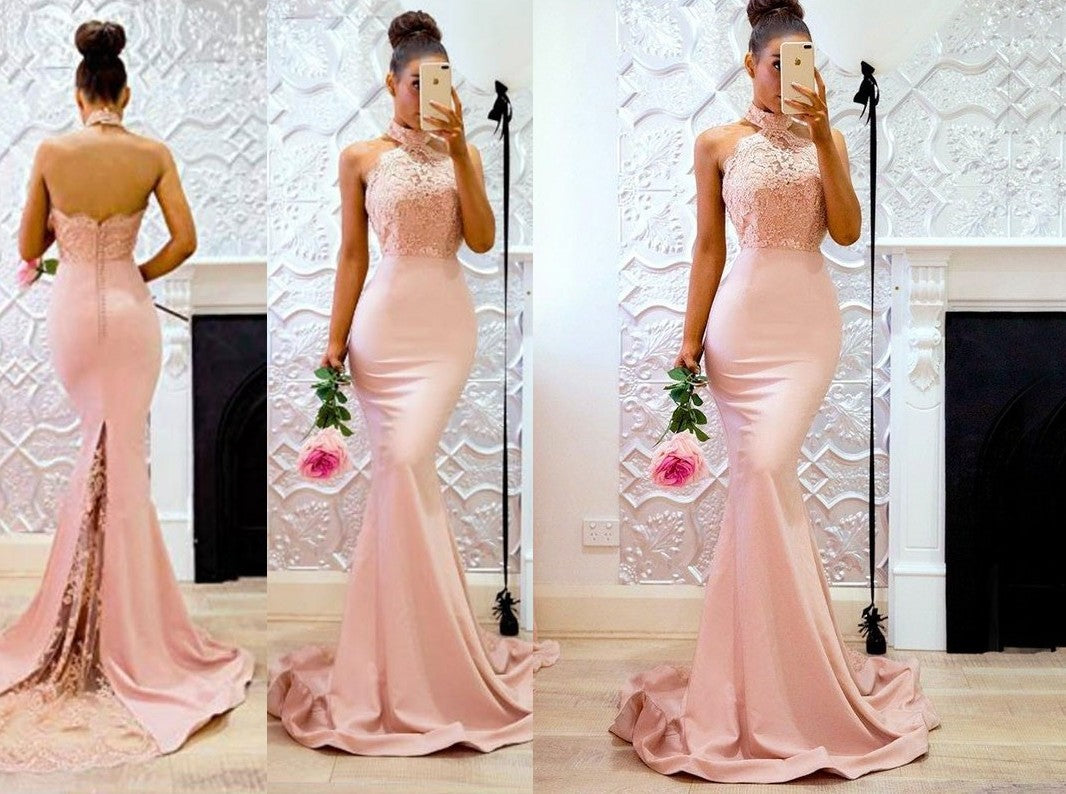 Trumpet/Mermaid Sleeveless Halter Sweep/Brush Train Lace Charmeuse Dresses DEP0002248