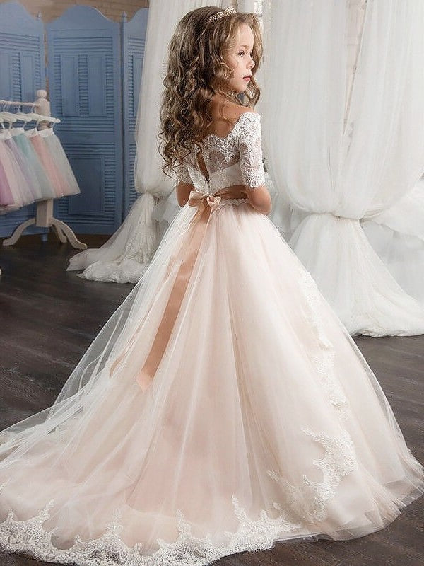 Ball Gown Off-the-Shoulder Short Sleeves Tulle Sash/Ribbon/Belt Flower Girl Dresses DEP0007640