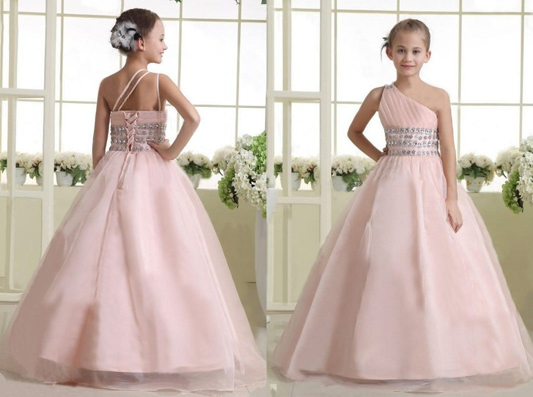 A-line/Princess One-shoulder Sleeveless Beading Long Organza Flower Girl Dresses DEP0007661