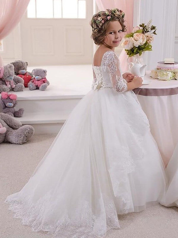 Ball Gown Jewel Long Sleeves Lace Sweep/Brush Train Satin Flower Girl Dresses DEP0007605