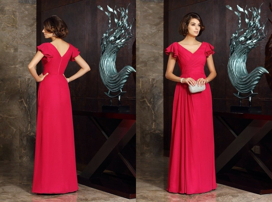 A-Line/Princess V-neck Ruched Short Sleeves Long Chiffon Mother of the Bride Dresses DEP0007254