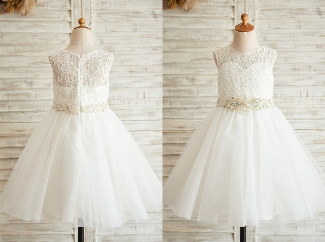 A-Line/Princess Tulle Lace Scoop Sleeveless Knee-Length Flower Girl Dresses DEP0007869